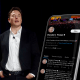 Elon Musk next to a phone displaying the Twitter account of Donald Trump, who has said he will continue to post only on Truth Social.