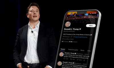 Elon Musk next to a phone displaying the Twitter account of Donald Trump, who has said he will continue to post only on Truth Social.